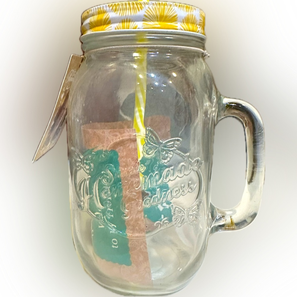 PIONEER WOMAN 32oz CLEAR LEMONADE MASON JAR MUG W STRAW SIMPLE HOMEMADE GOODNESS